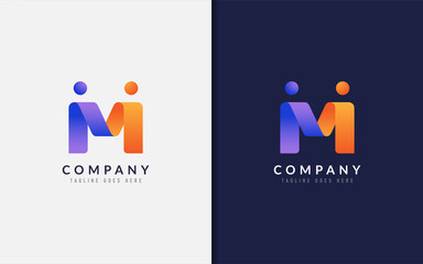Abstract Initial Letter M Logo Design. Creative Purple Orange Connecting Partnership People with Origami Style. Vector Logo Illustration.