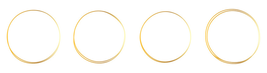 Set of hand drawn gold circle, sketch lines. Vector circular doodle frame, doodle golden circles Isolated on white background