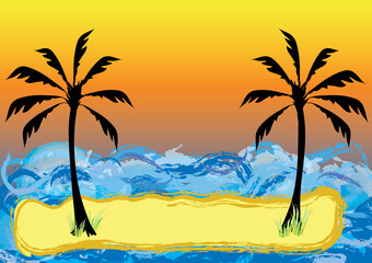 Fototapeta na wymiar Island with palm trees and with a laundry beach frame for text. Concept abstract landscape surrounded by ocean in vector and jpg.
