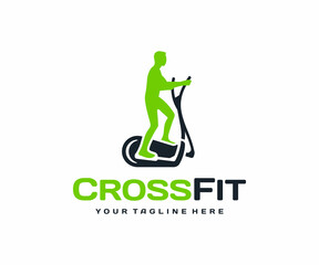 Crosstrainer workout logo design. Elliptical trainer with running man vector design. Fitness training on the orbitrack logotype