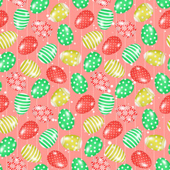 Hand drawn seamless pattern of many eggs with lines, circles, flowers. Easter holiday collection. Colorful spring doodle illustration for greeting card, invitation, wallpaper, wrapping paper, fabric