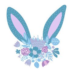 Cute blue Easter bunny ears with flowers vector illustration. Rabbit and spring flowers isolated on white background. Art in Scandinavian style.