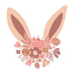 Cute neutral beige Easter bunny ears with flowers vector illustration. Rabbit and spring flowers isolated on white background. Art in Scandinavian style.