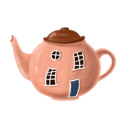 gingerbread house, funny clipart, house in a kettle illustration