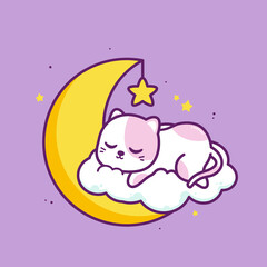 cute cat sleeping in the cloud with moon