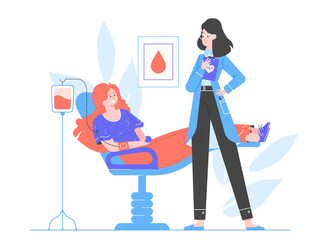 Girl at the doctor's appointment. Woman volunteer blood donor. Blood transfusion, medical tests, health care, world blood donor day. The patient lies in a chair in the hospital. Vector flat.