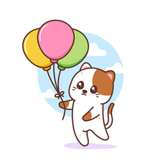 cute cat holding colorful balloons