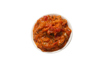 Vegetable stew in a bowl isolated on white background.