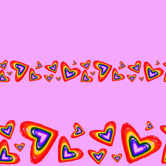 Seamless border with rainbow Hearts colored in LGBT flag colors isolated on  lilac . Gay pride symbol. LGBT community symbol.