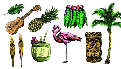 Colorful watercolor Hand drawn Hawaii sketch set. Hawaii theme. Ukullele, hawaii guitar, Hula Skirt, totem, tribal mask, hawaii bamboo torch, juice in coconut  © alya_haciyeva