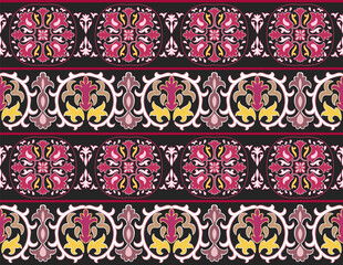 Seamless ethnic Uzbek, Kazakh, Kyrgyz, Turkmen Middle Asian and arabian islamic vector decorative pattern, damask ornate boho style vintage ornaments deep red, white and black colors.