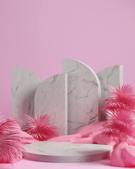 3d render stone,palm leaf and pink background, pink color gemotric with marble podium,display or showcase.