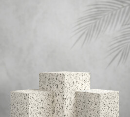 3d render white granite podium with leaf Palm,Abstract Background, pedestal for brand product exhibition. Mockup template for ads design.