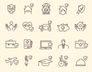 Collection of insurance icons, risk, help, service, care, life, property, health insurance. Set of outline vector illustrations isolated on white background