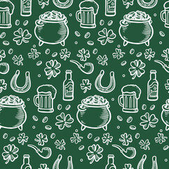 hand drawn saint patricks seamless pattern with line elements. Irish pattern with clover, gold, smoking pipe, bowler hat with gold and horseshshoe. Vector line illustration.
