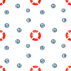 Seamless pattern illustratiom with summer letters in blue circles and red lifebuoy isolated on white background