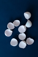 broken egg shell on dark blue background with space for text, begging of life concept
