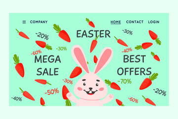 Happy Easter vector website template, web page and landing page design for websites and mobile website development. Easter discounts, great deal. Rabbit and carrots falling on it