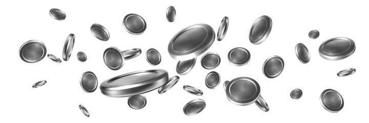 Realistic silver coins explosion isolated on white background. Vector illustration