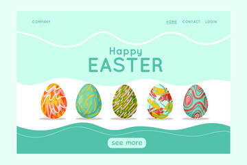 Happy Easter vector website template, web page and landing page design for websites and mobile website development. Easter eggs with different patterns