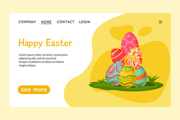 Web page design template for Happy Easter. A bunch of painted eggs in a meadow. Vector illustration for poster, banner, website.