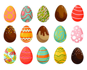 Happy Easter.A set of Easter eggs with different textures on a white background. Spring holiday. Vector illustration. Happy Easter eggs