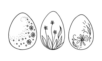 Easter eggs with various floral patterns isolated on white background. Coloring book for children's book. Vector outline hand drawn illustration.