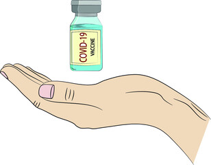 Isolated illustration of elongated horizontal empty hand which is holdinga vaccine against the virus covid-19