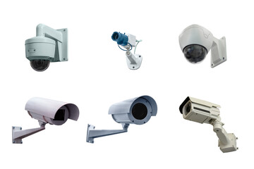 six modern video cameras for monitoring the situation on the object isolated on white background