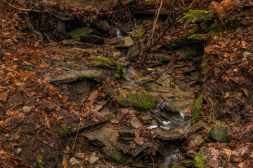 Small creek near Malse river with Doudlebsky waterfall in cold winter color day