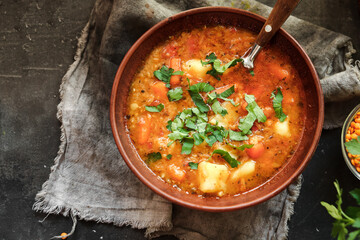 Red lentil soup. Dark background, top view. Traditional spicy soup made from lentils and vegetables. Healthy vegan food