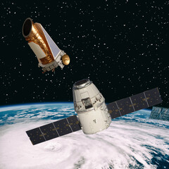 Fototapeta premium Different spaceships above the earth globe. The elements of this image furnished by NASA.