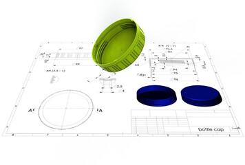 3d illustration of bottle cap above engineering drawing