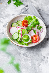 healthy fresh salad vegetables tomato, cucumber, radish mix lettuce portion on the table healthy meal snack copy space for text food background rustic image keto or paleo diet vegan or vegetarian food