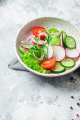 healthy fresh salad vegetables tomato, cucumber, radish mix lettuce portion on the table healthy meal snack copy space for text food background rustic image keto or paleo diet vegan or vegetarian food