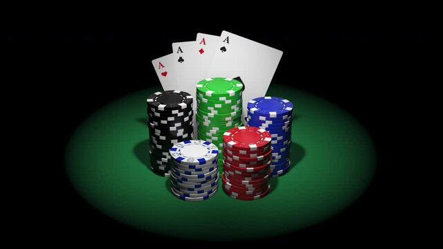 Explosive appearance of four aces and multi-colored poker chips close-up on a green table illuminated by a spotlight. Gambling in casino concept. The theme of winning and losing money. 4k animation