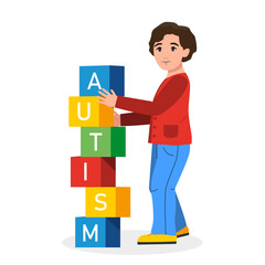 Autism concept. Child, cubes, text. Vector illustration in cartoon style.