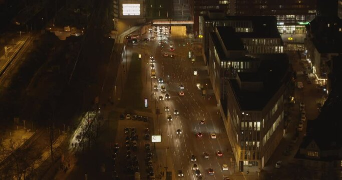 Cologne at night, aerial view, Deutz, Messe station, business district, cars, traffic, street, financial industry, Arena, Jan 2020, K&ouml;ln bei Nacht, Luftbild, Messe, Stra&szlig;e, Arena, urban, UHD, 4K, 