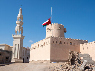 The Omani flag at half mast to signify the death of Sultan Qaboos at Ras Al Had Castle, Sultanate of Oman