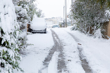 Beautiful winter morning snow covered streets of Athens, Greece, 15th of February 2021.
