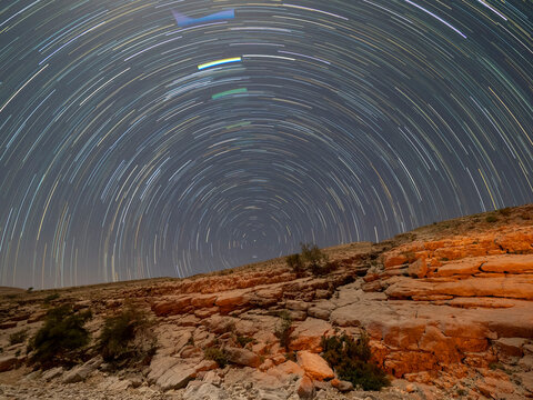 Star trails at night in Wadi Bani Khalid, Sultanate of Oman