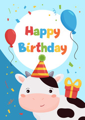 Obraz na płótnie Canvas Childish Happy Birthday greeting card with cute cow, gift and balloons. Farm animals. Vector cartoon character.