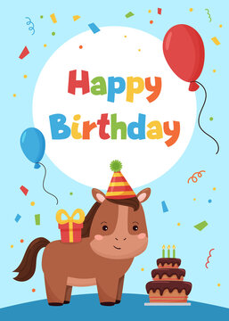 Happy Birthday Greeting Card With Cute Horse, Balloons, Gift And Cake. Ideal For Children Party. Farm Animals.