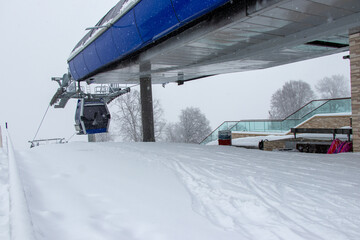 Strong snowfall in Tufandag, Gabala - Azerbaijan: 30 January 2021. Theme of winter holiday. Cable car.