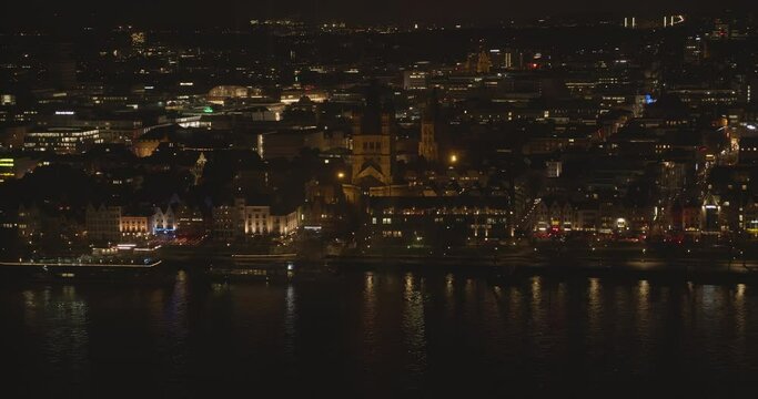 Cologne at night, aerial view, river rhine, old city center, German Panorama, Church, Jan 2020, K&ouml;ln bei Nacht, Luftbild, Fluss Rhein, Altstadt, urban, UHD, 4K, BMPCC4K