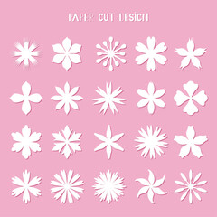 Set of vector white paper flowers. Templates. Silhouettes. For paper and laser cutting. Isolated floral decorative elements. For postcards, crafts made of felt, cardboard.