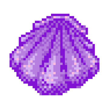 Closed clam shell pixel art icon top view. Retro gaming scallop, clam or mussel shell vector illustration. 8 bit sea purple clam or scallop cockel on white background.