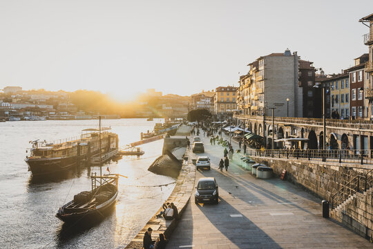 The Cais da Ribeira area of Porto at sunset, Porto, Portugal