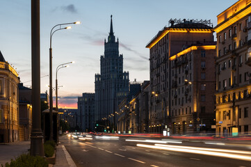 Fototapeta na wymiar Moscow cityscape and light trails in the evening