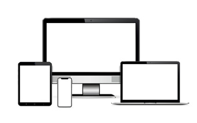 Modern computer monitor, laptop, digital tablet and mobile phone with blank screen isolated. Vector illustration.